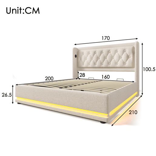 Cama contentora acolchoada 160 x 200 cm em tecido de algodão - com função de carga e LED ao pé da cama - Bege