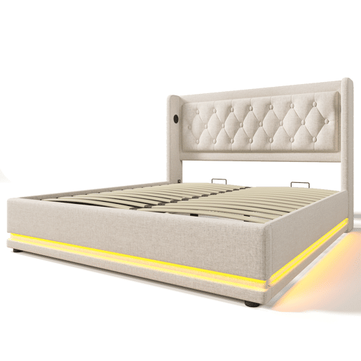 Cama contentora acolchoada 160 x 200 cm em tecido de algodão - com função de carga e LED ao pé da cama - Bege