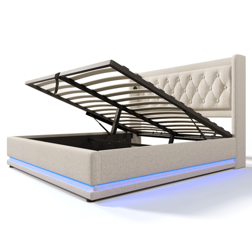Cama contentora acolchoada 160 x 200 cm em tecido de algodão - com função de carga e LED ao pé da cama - Bege