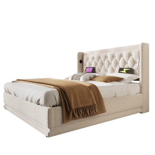 Cama contentora acolchoada 160 x 200 cm em tecido de algodão - com função de carga e LED ao pé da cama - Bege