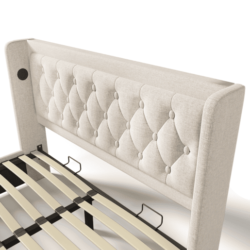 Cama contentora acolchoada 160 x 200 cm em tecido de algodão - com função de carga e LED ao pé da cama - Bege