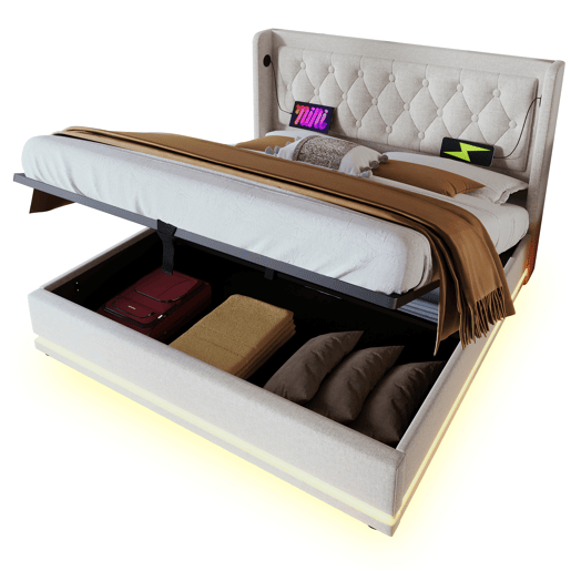 Cama contentora acolchoada 160 x 200 cm em tecido de algodão - com função de carga e LED ao pé da cama - Bege