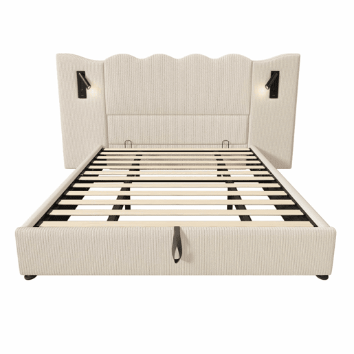 Cama contentora 180x200 cm em veludo cotelê - com luz de leitura e função de carregamento - com mola de caixa - Bege Cama contentora 180x200 cm em veludo cotelê - com luz de leitura e função de carregamento - com mola de caixa - Bege