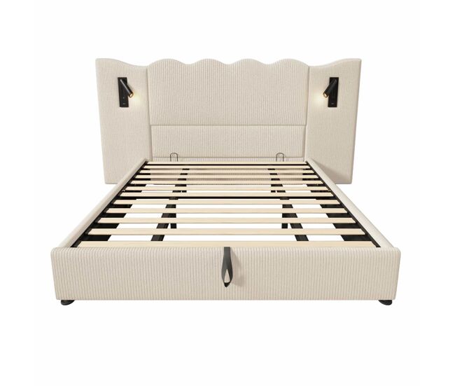 Cama contenedor 180x200 cm de pana - con luz de lectura y función de carga - con somier - beige