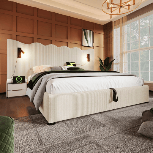 Cama contentora 180x200 cm em veludo cotelê - com luz de leitura e função de carregamento - com mola de caixa - Bege Cama contentora 180x200 cm em veludo cotelê - com luz de leitura e função de carregamento - com mola de caixa - Bege