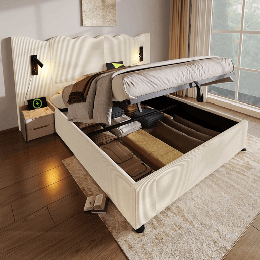 Cama contentora 180x200 cm em veludo cotelê - com luz de leitura e função de carregamento - com mola de caixa - Bege Cama contentora 180x200 cm em veludo cotelê - com luz de leitura e função de carregamento - com mola de caixa - Bege