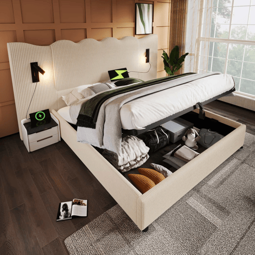Cama contentora 180x200 cm em veludo cotelê - com luz de leitura e função de carregamento - com mola de caixa - Bege Cama contentora 180x200 cm em veludo cotelê - com luz de leitura e função de carregamento - com mola de caixa - Bege