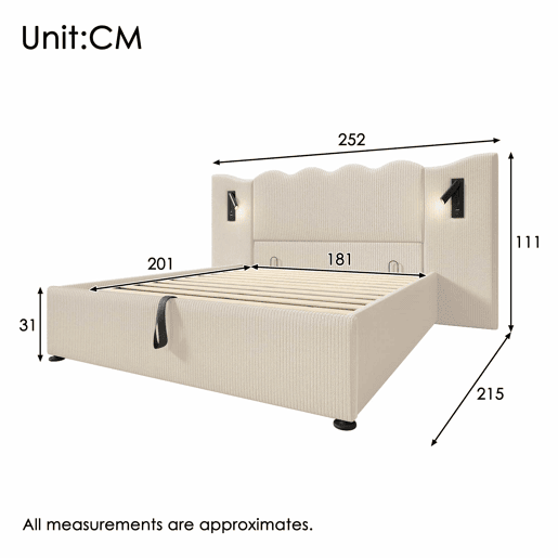 Cama contentora 180x200 cm em veludo cotelê - com luz de leitura e função de carregamento - com mola de caixa - Bege Cama contentora 180x200 cm em veludo cotelê - com luz de leitura e função de carregamento - com mola de caixa - Bege