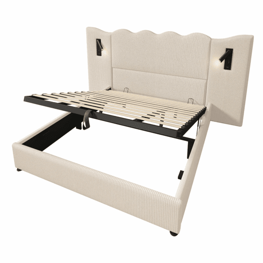 Cama contentora 180x200 cm em veludo cotelê - com luz de leitura e função de carregamento - com mola de caixa - Bege Cama contentora 180x200 cm em veludo cotelê - com luz de leitura e função de carregamento - com mola de caixa - Bege