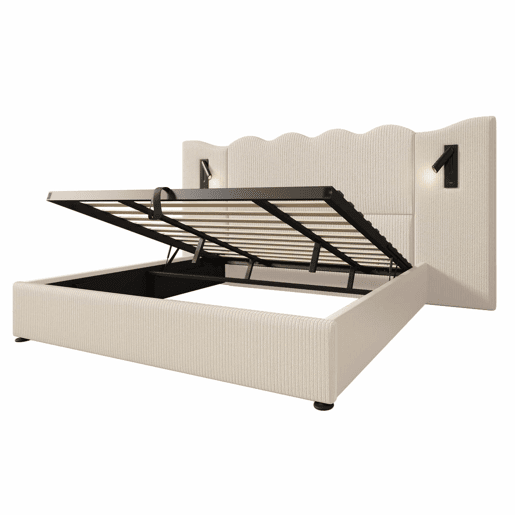Cama contentora 180x200 cm em veludo cotelê - com luz de leitura e função de carregamento - com mola de caixa - Bege Cama contentora 180x200 cm em veludo cotelê - com luz de leitura e função de carregamento - com mola de caixa - Bege