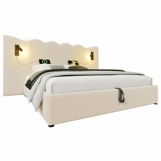 Cama contentora 180x200 cm em veludo cotelê - com luz de leitura e função de carregamento - com mola de caixa - Bege Cama contentora 180x200 cm em veludo cotelê - com luz de leitura e função de carregamento - com mola de caixa - Bege