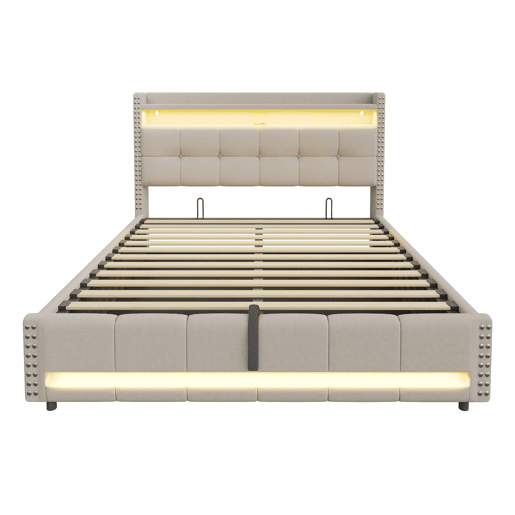 Cama estofada 180*200 cm - com LED e porta USB, cabeceira com prateleiras e arrumação, hidráulica para arrumação - Bege Cama estofada 180*200 cm - com LED e porta USB, cabeceira com prateleiras e arrumação, hidráulica para arrumação - Bege
