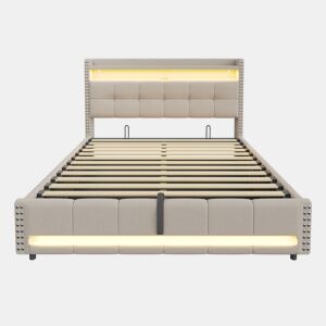 Cama estofada 180*200 cm - com LED e porta USB, cabeceira com prateleiras e arrumação, hidráulica para arrumação - Bege