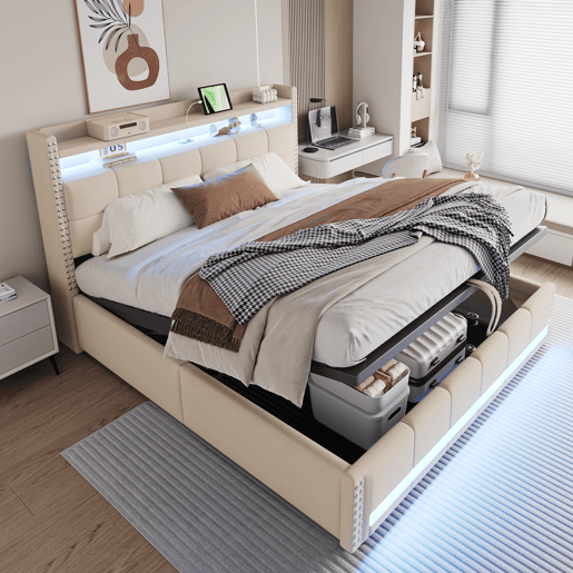 Cama estofada 180*200 cm - com LED e porta USB, cabeceira com prateleiras e arrumação, hidráulica para arrumação - Bege Cama estofada 180*200 cm - com LED e porta USB, cabeceira com prateleiras e arrumação, hidráulica para arrumação - Bege