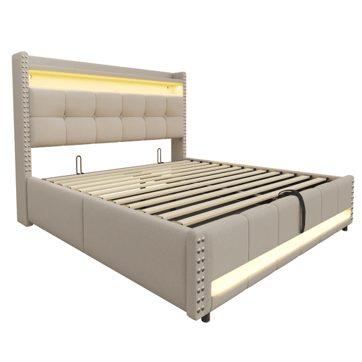 Cama estofada 180*200 cm - com LED e porta USB, cabeceira com prateleiras e arrumação, hidráulica para arrumação - Bege Cama estofada 180*200 cm - com LED e porta USB, cabeceira com prateleiras e arrumação, hidráulica para arrumação - Bege