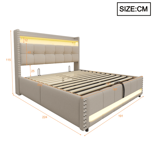 Cama estofada 180*200 cm - com LED e porta USB, cabeceira com prateleiras e arrumação, hidráulica para arrumação - Bege Cama estofada 180*200 cm - com LED e porta USB, cabeceira com prateleiras e arrumação, hidráulica para arrumação - Bege