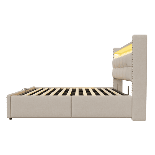Cama estofada 180*200 cm - com LED e porta USB, cabeceira com prateleiras e arrumação, hidráulica para arrumação - Bege Cama estofada 180*200 cm - com LED e porta USB, cabeceira com prateleiras e arrumação, hidráulica para arrumação - Bege