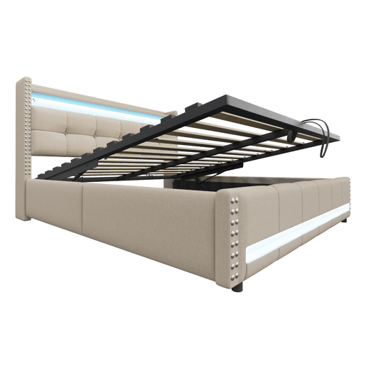 Cama estofada 180*200 cm - com LED e porta USB, cabeceira com prateleiras e arrumação, hidráulica para arrumação - Bege Cama estofada 180*200 cm - com LED e porta USB, cabeceira com prateleiras e arrumação, hidráulica para arrumação - Bege