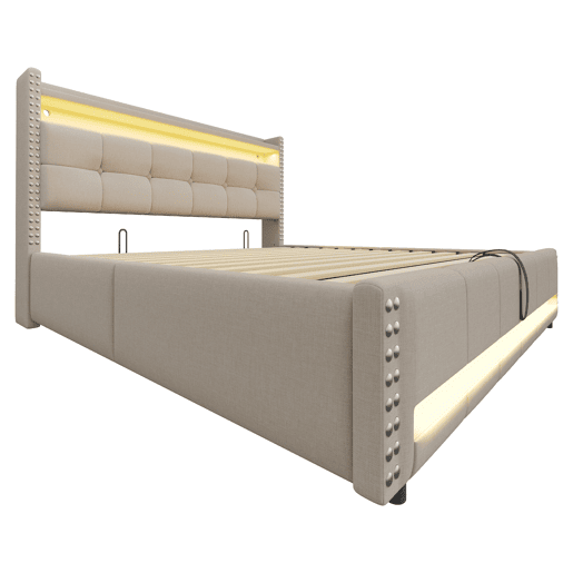 Cama estofada 180*200 cm - com LED e porta USB, cabeceira com prateleiras e arrumação, hidráulica para arrumação - Bege Cama estofada 180*200 cm - com LED e porta USB, cabeceira com prateleiras e arrumação, hidráulica para arrumação - Bege