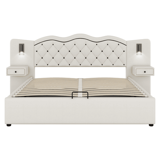 Cama de linho com arrumação 180x200 cm - 2 mesas de cabeceira com arrumação com tomada USB e candeeiros - Bege Cama de linho com arrumação 180x200 cm - 2 mesas de cabeceira com arrumação com tomada USB e candeeiros - Bege