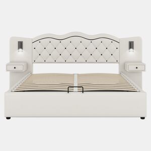 Cama de linho com arrumação 180x200 cm - 2 mesas de cabeceira com arrumação com tomada USB e candeeiros - Bege