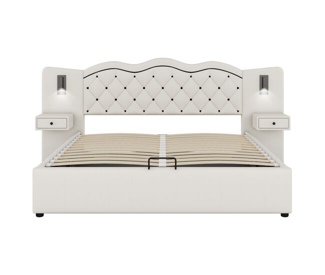 Cama con almacenaje de lino 180x200 cm - 2 mesitas de noche con almacenaje con toma usb y lámparas - beige
