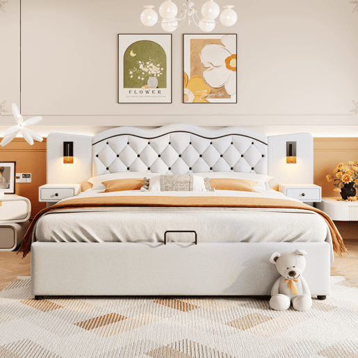 Cama de linho com arrumação 180x200 cm - 2 mesas de cabeceira com arrumação com tomada USB e candeeiros - Bege Cama de linho com arrumação 180x200 cm - 2 mesas de cabeceira com arrumação com tomada USB e candeeiros - Bege