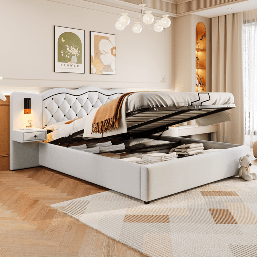 Cama de linho com arrumação 180x200 cm - 2 mesas de cabeceira com arrumação com tomada USB e candeeiros - Bege Cama de linho com arrumação 180x200 cm - 2 mesas de cabeceira com arrumação com tomada USB e candeeiros - Bege