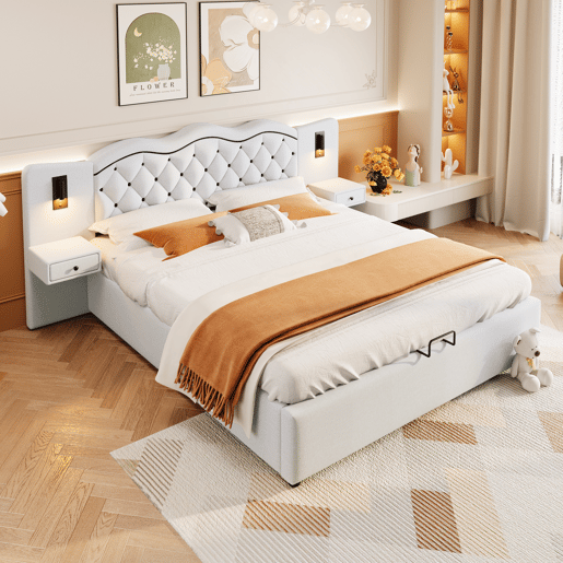 Cama de linho com arrumação 180x200 cm - 2 mesas de cabeceira com arrumação com tomada USB e candeeiros - Bege Cama de linho com arrumação 180x200 cm - 2 mesas de cabeceira com arrumação com tomada USB e candeeiros - Bege