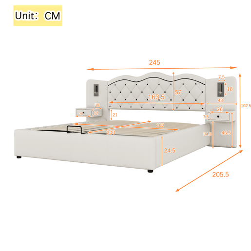 Cama de linho com arrumação 180x200 cm - 2 mesas de cabeceira com arrumação com tomada USB e candeeiros - Bege Cama de linho com arrumação 180x200 cm - 2 mesas de cabeceira com arrumação com tomada USB e candeeiros - Bege