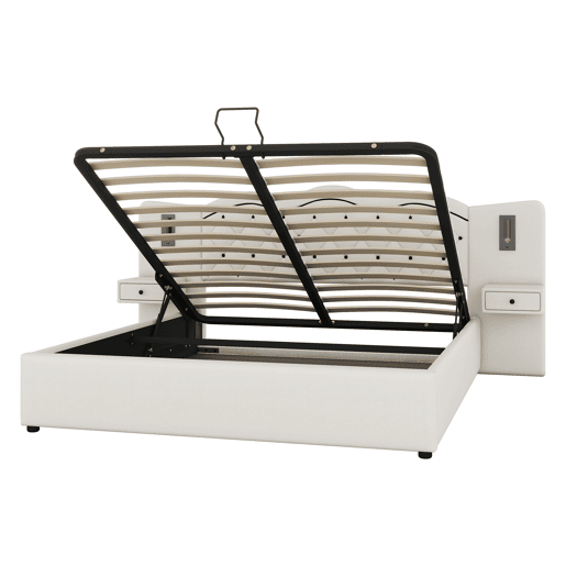 Cama de linho com arrumação 180x200 cm - 2 mesas de cabeceira com arrumação com tomada USB e candeeiros - Bege Cama de linho com arrumação 180x200 cm - 2 mesas de cabeceira com arrumação com tomada USB e candeeiros - Bege