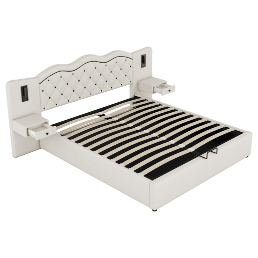 Cama de linho com arrumação 180x200 cm - 2 mesas de cabeceira com arrumação com tomada USB e candeeiros - Bege Cama de linho com arrumação 180x200 cm - 2 mesas de cabeceira com arrumação com tomada USB e candeeiros - Bege