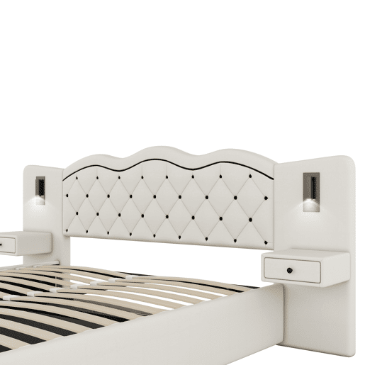 Cama de linho com arrumação 180x200 cm - 2 mesas de cabeceira com arrumação com tomada USB e candeeiros - Bege Cama de linho com arrumação 180x200 cm - 2 mesas de cabeceira com arrumação com tomada USB e candeeiros - Bege