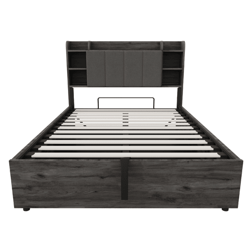 Cama de madeira 140x200 cm - Cama hidráulica, cabeceira com arrumação, USB e tomada tipo C - Cinza