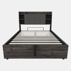 Cama de madeira 140x200 cm - Cama hidráulica, cabeceira com arrumação, USB e tomada tipo C - Cinza