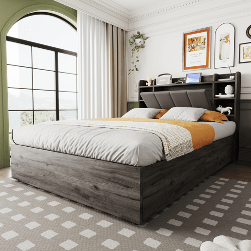 Cama de madeira 140x200 cm - Cama hidráulica, cabeceira com arrumação, USB e tomada tipo C - Cinza