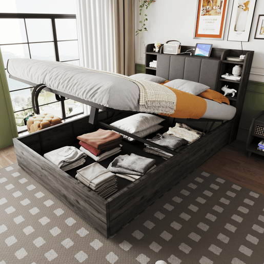Cama de madeira 140x200 cm - Cama hidráulica, cabeceira com arrumação, USB e tomada tipo C - Cinza