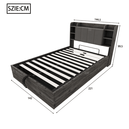 Cama de madeira 140x200 cm - Cama hidráulica, cabeceira com arrumação, USB e tomada tipo C - Cinza