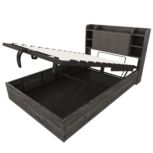 Cama de madeira 140x200 cm - Cama hidráulica, cabeceira com arrumação, USB e tomada tipo C - Cinza