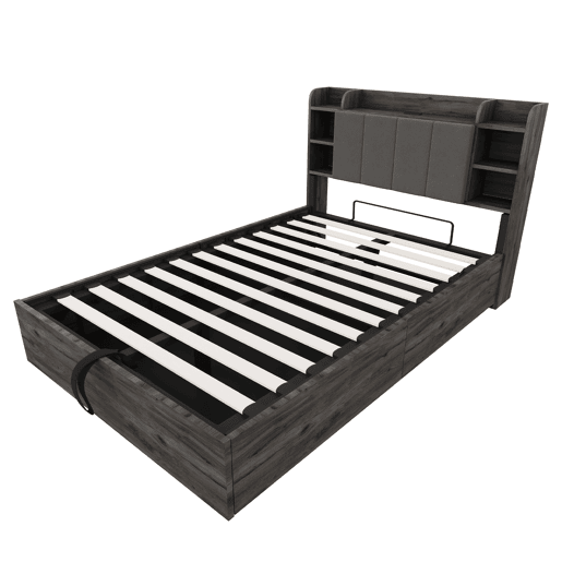 Cama de madeira 140x200 cm - Cama hidráulica, cabeceira com arrumação, USB e tomada tipo C - Cinza