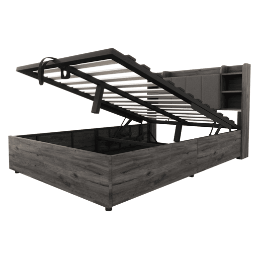 Cama de madeira 140x200 cm - Cama hidráulica, cabeceira com arrumação, USB e tomada tipo C - Cinza