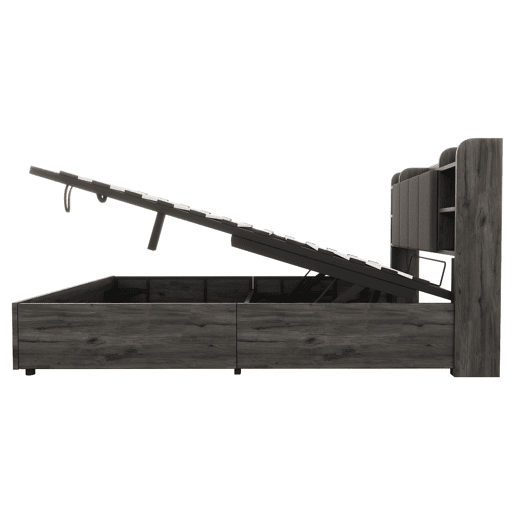 Cama de madeira 140x200 cm - Cama hidráulica, cabeceira com arrumação, USB e tomada tipo C - Cinza