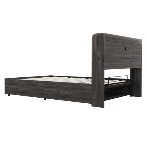 Cama de madeira 140x200 cm - Cama hidráulica, cabeceira com arrumação, USB e tomada tipo C - Cinza