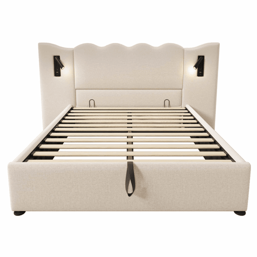 Cama para arrumação de roupa de cama 160x200 cm - com luz de leitura e função de carregamento - com estrado de ripas - Bege Cama para arrumação de roupa de cama 160x200 cm - com luz de leitura e função de carregamento - com estrado de ripas - Bege