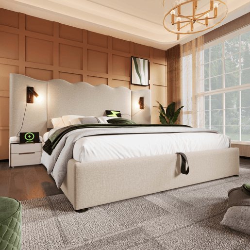Cama para arrumação de roupa de cama 160x200 cm - com luz de leitura e função de carregamento - com estrado de ripas - Bege Cama para arrumação de roupa de cama 160x200 cm - com luz de leitura e função de carregamento - com estrado de ripas - Bege