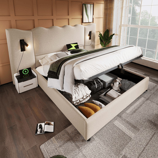 Cama para arrumação de roupa de cama 160x200 cm - com luz de leitura e função de carregamento - com estrado de ripas - Bege Cama para arrumação de roupa de cama 160x200 cm - com luz de leitura e função de carregamento - com estrado de ripas - Bege