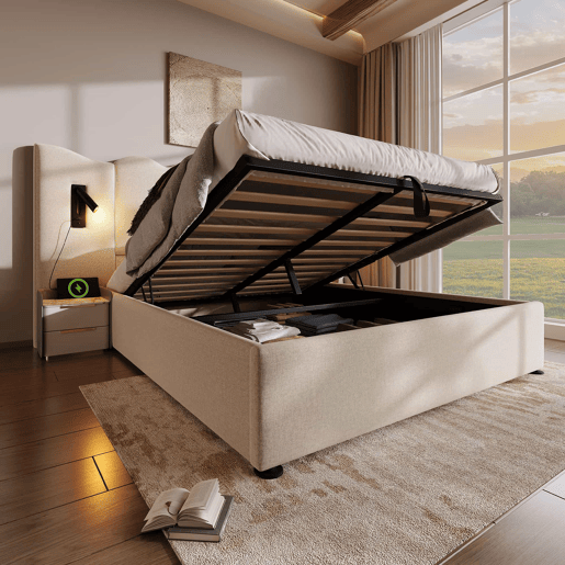 Cama para arrumação de roupa de cama 160x200 cm - com luz de leitura e função de carregamento - com estrado de ripas - Bege Cama para arrumação de roupa de cama 160x200 cm - com luz de leitura e função de carregamento - com estrado de ripas - Bege
