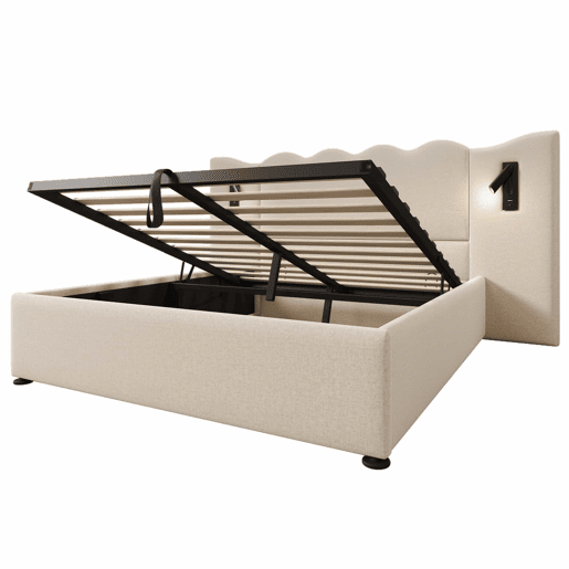 Cama para arrumação de roupa de cama 160x200 cm - com luz de leitura e função de carregamento - com estrado de ripas - Bege Cama para arrumação de roupa de cama 160x200 cm - com luz de leitura e função de carregamento - com estrado de ripas - Bege