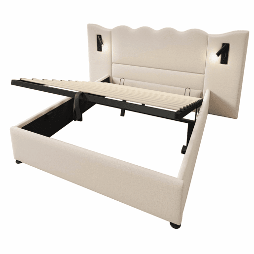 Cama para arrumação de roupa de cama 160x200 cm - com luz de leitura e função de carregamento - com estrado de ripas - Bege Cama para arrumação de roupa de cama 160x200 cm - com luz de leitura e função de carregamento - com estrado de ripas - Bege