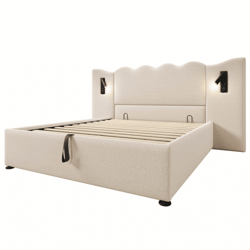 Cama para arrumação de roupa de cama 160x200 cm - com luz de leitura e função de carregamento - com estrado de ripas - Bege Cama para arrumação de roupa de cama 160x200 cm - com luz de leitura e função de carregamento - com estrado de ripas - Bege